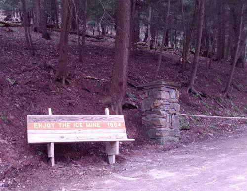 A wooden bench with the inscription "Enjoy the Ice Mine 1894" beside a stone pillar in a wooded area.