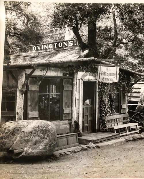 Historic black-and-white photo of a rustic tavern with wooden signage and a stone entrance, surrounded by trees.