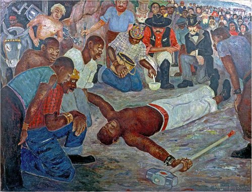 A historical mural depicting a group of people gathered around a man lying on the ground, showcasing intense emotions.