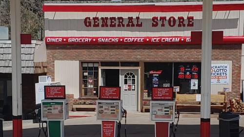 A general store with a diner, grocery items, and gas pumps in front, featuring a red and white sign.