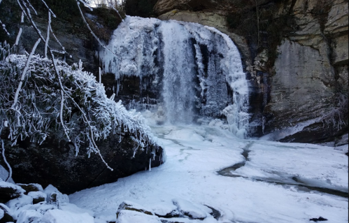 A frozen waterfall surrounded by icy rocks and frosted vegetation, creating a serene winter landscape.