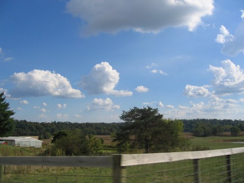 A scenic view of a rural landscape with green fields, trees, and fluffy clouds under a bright blue sky.