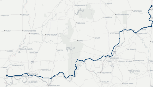 Map showing a winding route through southern Indiana, highlighting towns like Louisville and New Harmony.