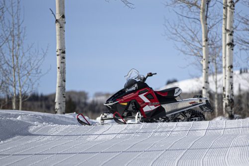 A red and black snowmobile parked on a snowy trail surrounded by aspen trees and a mountainous landscape.