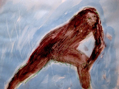 A painted figure resembling a large, hairy creature in a dynamic pose against a blue background.