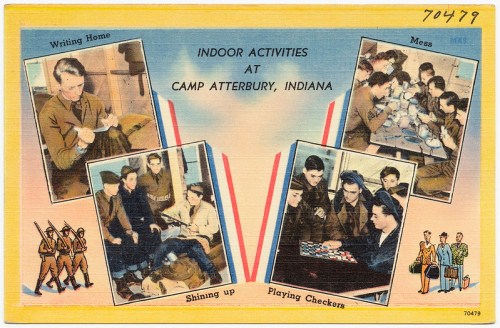 Postcard depicting indoor activities at Camp Atterbury, Indiana, featuring soldiers writing, cleaning, and playing checkers.
