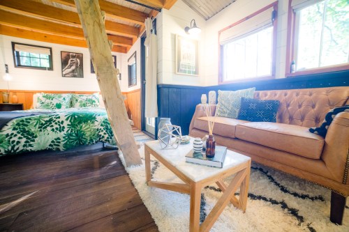 Cozy cabin interior featuring a bed, a sofa, and a coffee table on a plush rug, with natural light streaming in.