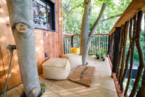 A cozy treehouse balcony with wooden flooring, two trees, bean bags, and a welcome mat surrounded by greenery.
