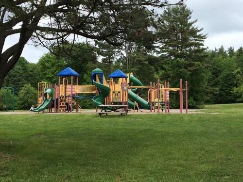 Colorful playground with slides and climbing structures, surrounded by green grass and trees under a cloudy sky.