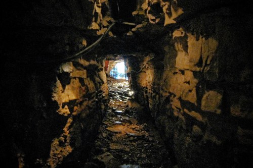 A dimly lit tunnel with stone walls, leading to a barred exit at the far end, covered in debris and water.