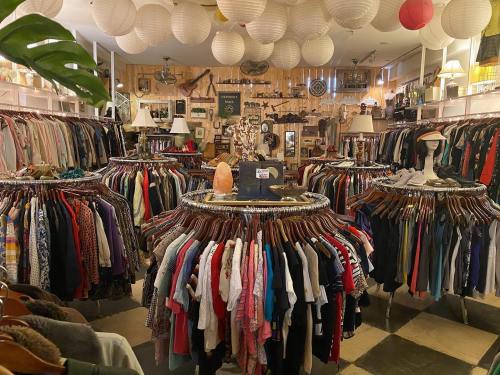 A vibrant thrift store interior filled with colorful clothing racks and unique decor, creating a cozy shopping atmosphere.