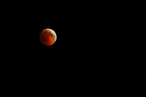 A partially eclipsed moon glowing in shades of orange against a dark sky.
