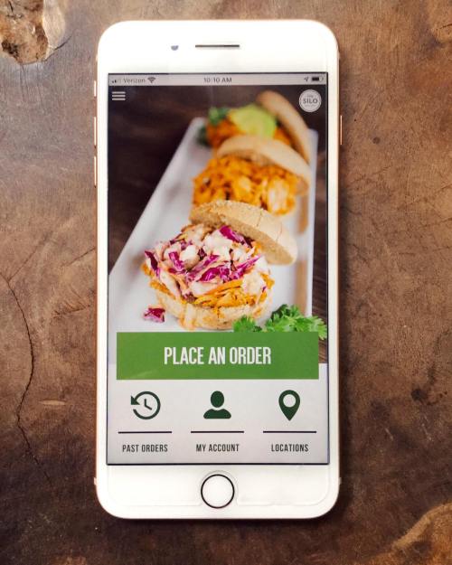 A smartphone displaying a food ordering app with a plate of three sandwiches and a "Place an Order" button.