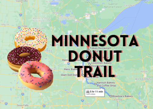 Map of Minnesota with "Minnesota Donut Trail" text and three colorful donuts overlaying the route.