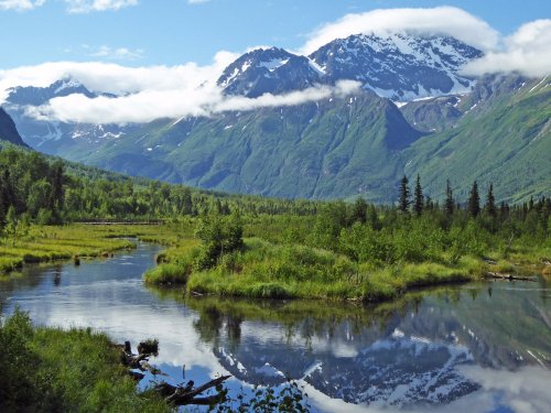 A serene landscape featuring a river reflecting mountains and lush greenery under a cloudy sky.