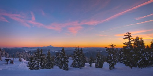 A serene winter landscape at sunset, featuring snow-covered trees and a distant mountain under a colorful sky.