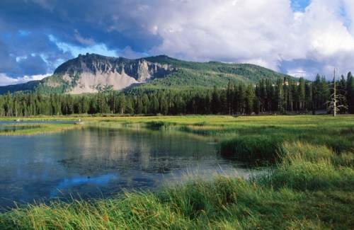 A serene landscape featuring a calm lake, lush green grass, and a mountain under a cloudy sky.