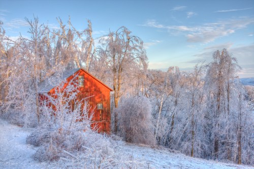 A red house surrounded by frosted trees and a winter landscape, glistening in the soft morning light.