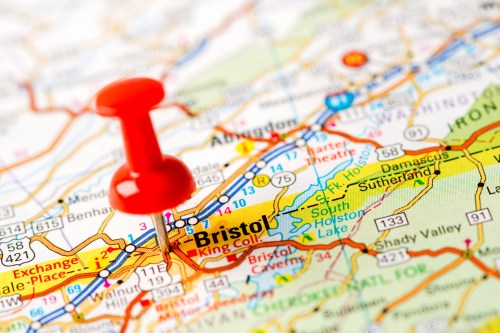 A close-up of a map showing Bristol, marked with a red pushpin.