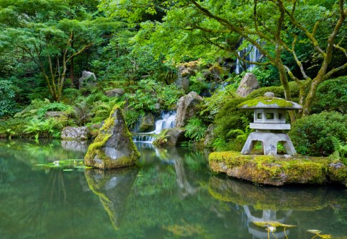 A serene garden scene featuring a pond, moss-covered rocks, a stone lantern, and lush greenery with a waterfall in the background.