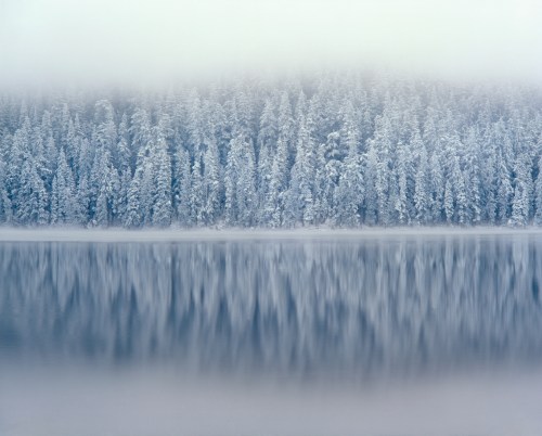 A serene winter landscape featuring a snowy forest reflected in a calm, misty lake.