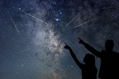 Silhouettes of two people pointing at a starry night sky filled with shooting stars and the Milky Way.