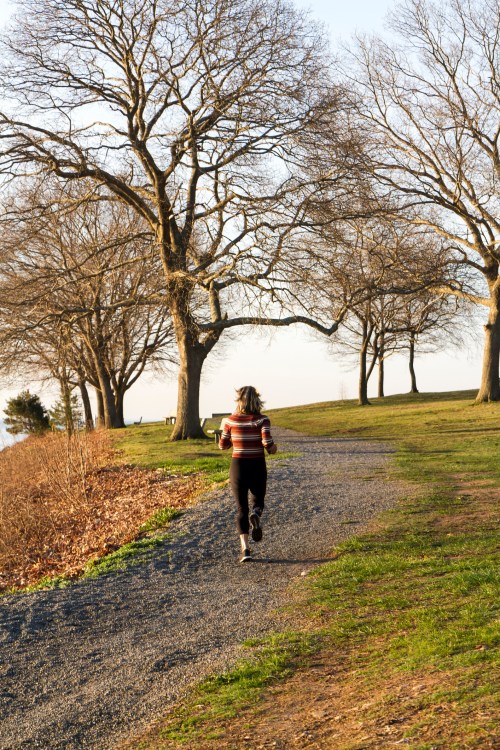 A woman jogs along a gravel path lined with bare trees on a sunny day.