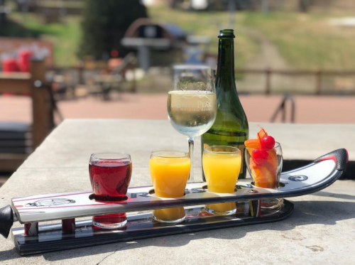 A ski-themed tray holds four colorful drinks, including a glass of wine and a bottle, set against a sunny outdoor backdrop.