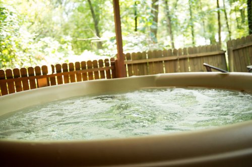 A bubbling hot tub surrounded by greenery and a wooden fence in a serene outdoor setting.