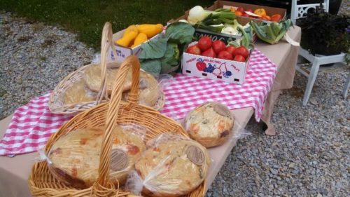 A table with fresh vegetables and baked goods, including breads, displayed on a checkered cloth outdoors.