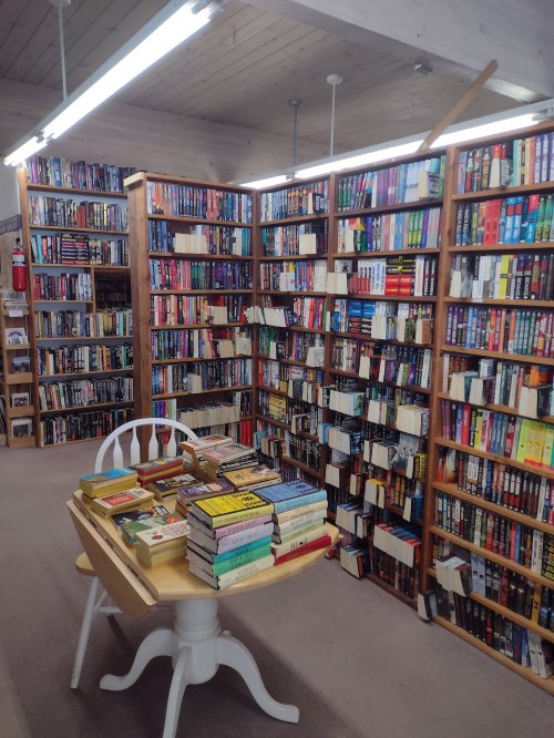 A cozy bookstore with wooden shelves filled with books and a small table stacked with more books in the center.