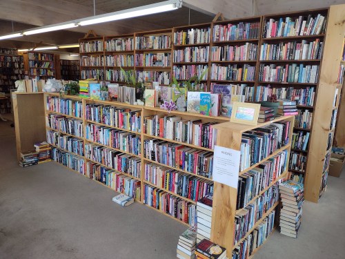 A cozy bookstore interior with tall shelves filled with a variety of books and a small display of decorative items.