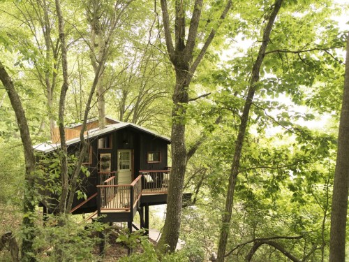A cozy black cabin nestled among lush green trees, featuring a deck and large windows.