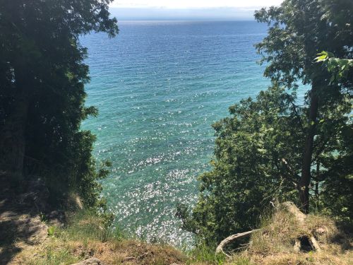 A serene view of sparkling blue water from a cliff, surrounded by lush green trees under a clear sky.