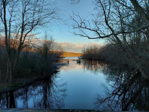 A serene river scene at dusk, with trees reflecting on calm water under a clear blue sky.