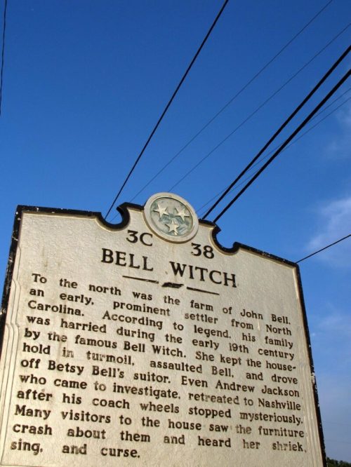 Historical marker about the Bell Witch legend in Tennessee, detailing its origins and notable events.