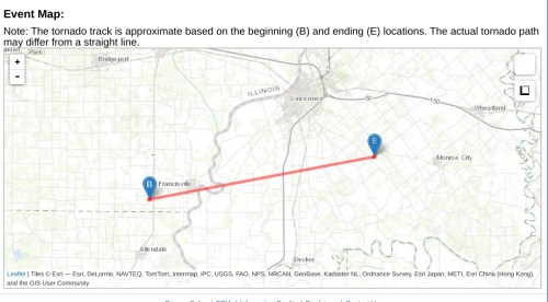 Map showing the approximate tornado track from location B to E in Illinois, with a red line indicating the path.