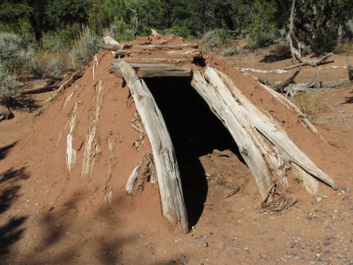 A small, earthen structure with a wooden entrance, surrounded by sparse vegetation in a natural setting.