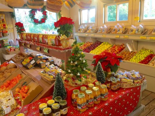 A festive market display with fruits, snacks, and holiday decorations, including a small Christmas tree and poinsettias.
