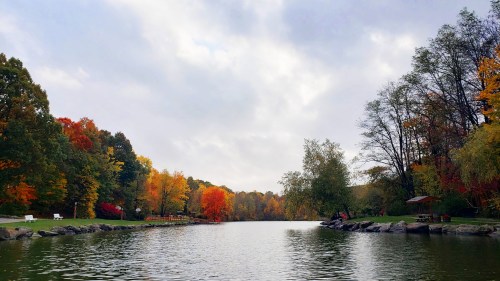 A serene lake surrounded by vibrant autumn trees under a cloudy sky, with benches along the shore.
