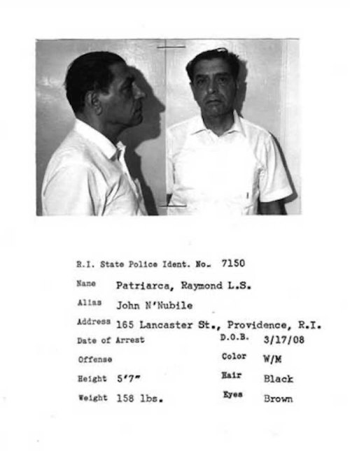 Black and white police identification photo of Raymond L.S. Patriarca, with personal details and physical description.