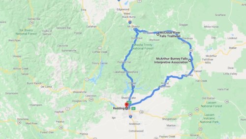 Map showing a route from Redding to McArthur-Burney Falls, highlighting nearby national parks and trails.