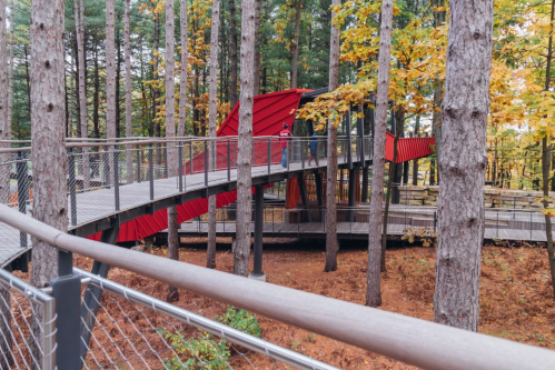 A modern red bridge winds through a forest of tall trees with autumn foliage, connecting different levels of the landscape.