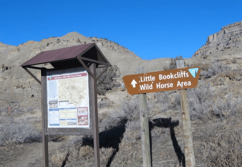 Signpost for Little Bookcliffs Wild Horse Area with a map display in a rugged, dry landscape under a clear blue sky.
