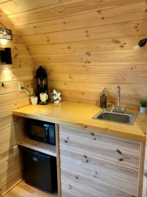 Cozy kitchen area with wooden walls, a sink, coffee maker, microwave, and small fridge.