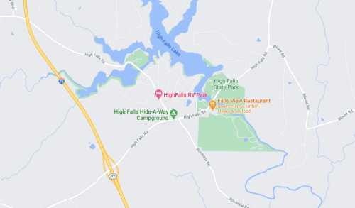 Map showing High Falls State Park, nearby RV park, campground, and Falls View Restaurant near High Falls Lake.