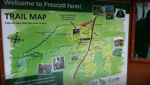 Map of Prescott Farm showing trails, buildings, and natural features, with directions and hours of operation.