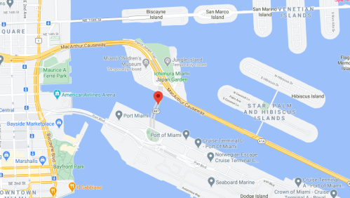 Map showing Port Miami and nearby attractions, including MacArthur Causeway and Jungle Island.
