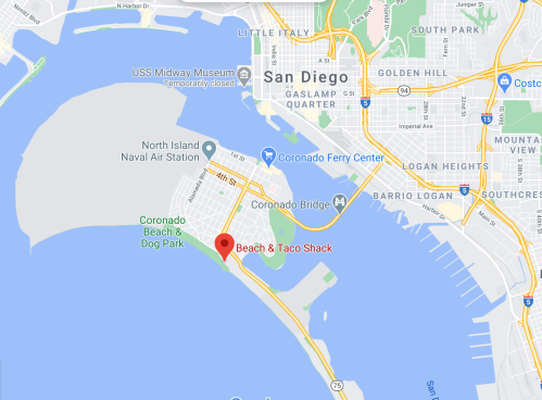 Map of San Diego highlighting Coronado Beach and Taco Shack location near the waterfront.