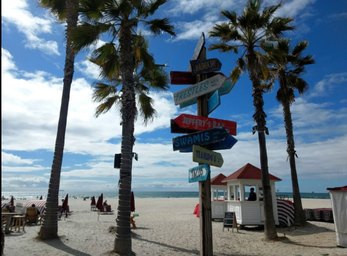 A beach scene with palm trees and a colorful directional sign pointing to various locations under a partly cloudy sky.
